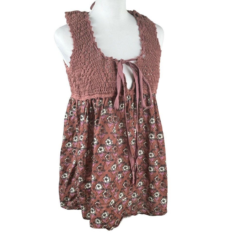 Free People Floral Crochet Tunic Honey Pie Boho Sleeveless Tank Top Size Small